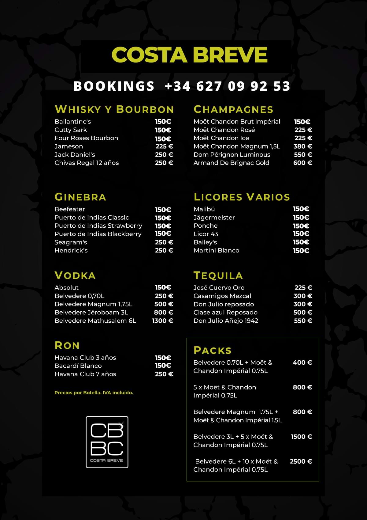 costa breve menu prices bottles